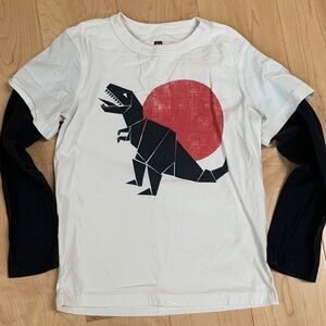 Tea White Layered-Look Tee with Black Origami Dinosaur and Red Sun sz 10
